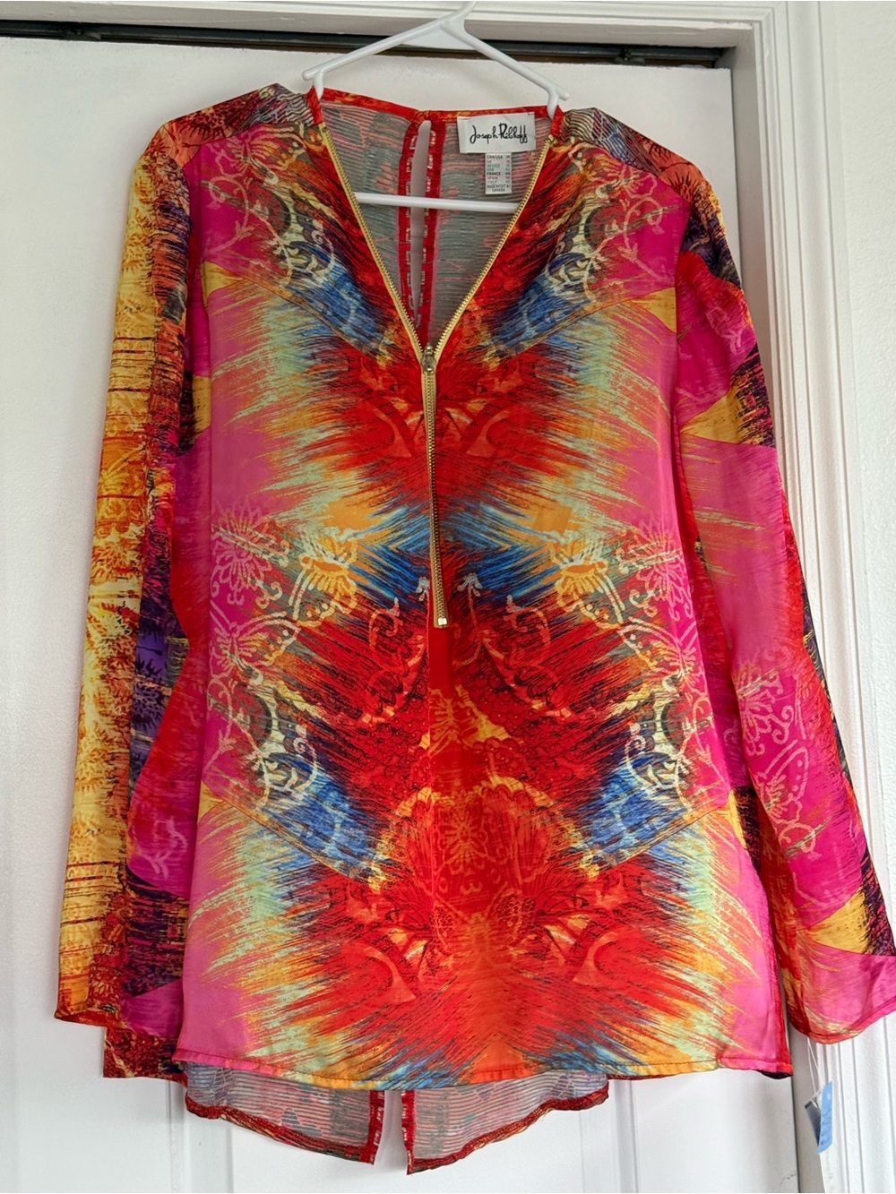 Joseph Ribkoff Vivid Multicolor Zip-Front Tunic in Fuchsia and Red